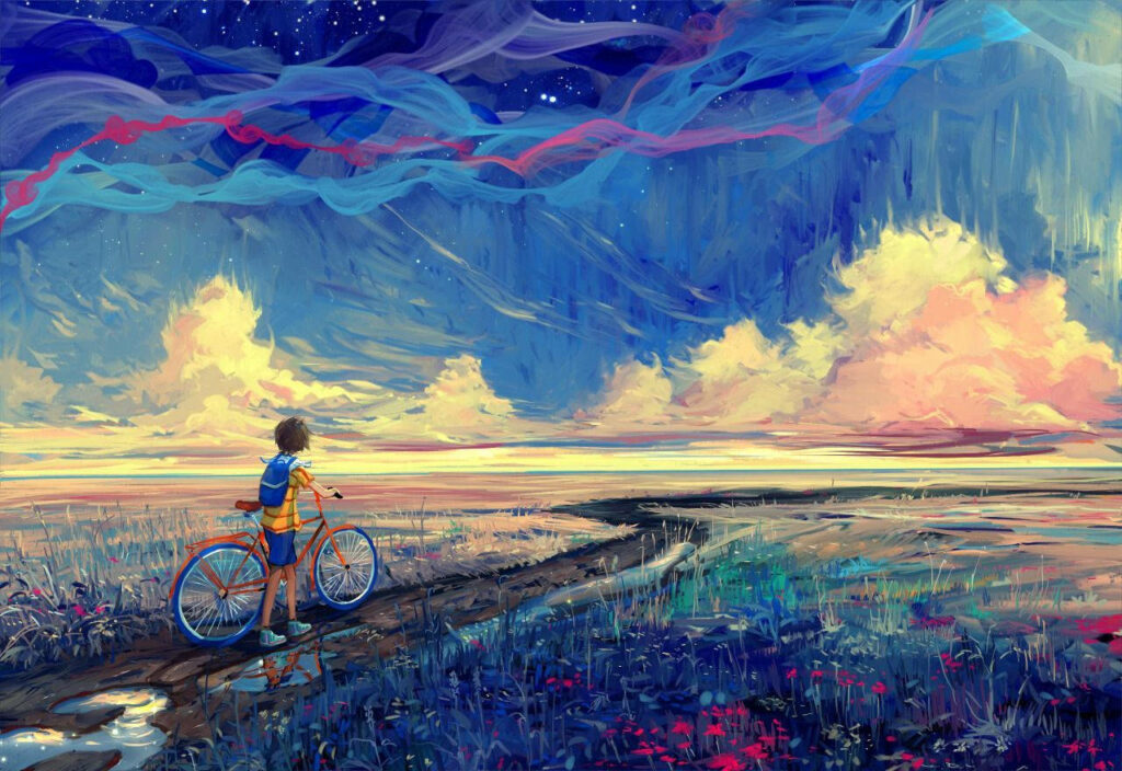 Serene Scenic Snapshot: A Young Cyclist Strolling through a Field on an Aesthetic Desktop Wallpaper