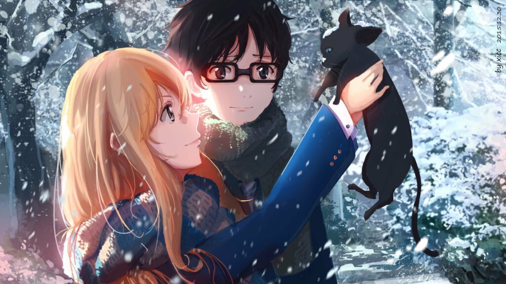 Melodic Harmony: Captivating Illustration of Anime Male and Female Characters in Your Lie in April Wallpaper
