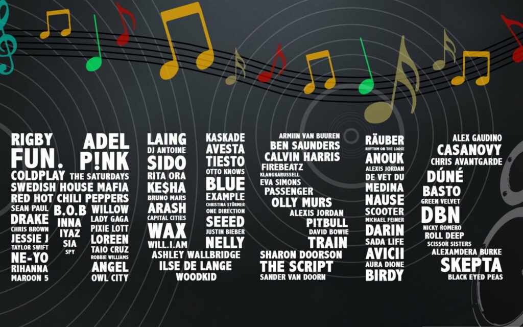 Colorful musical notes and artist names on dark vinyl background symphonic wallpaper design