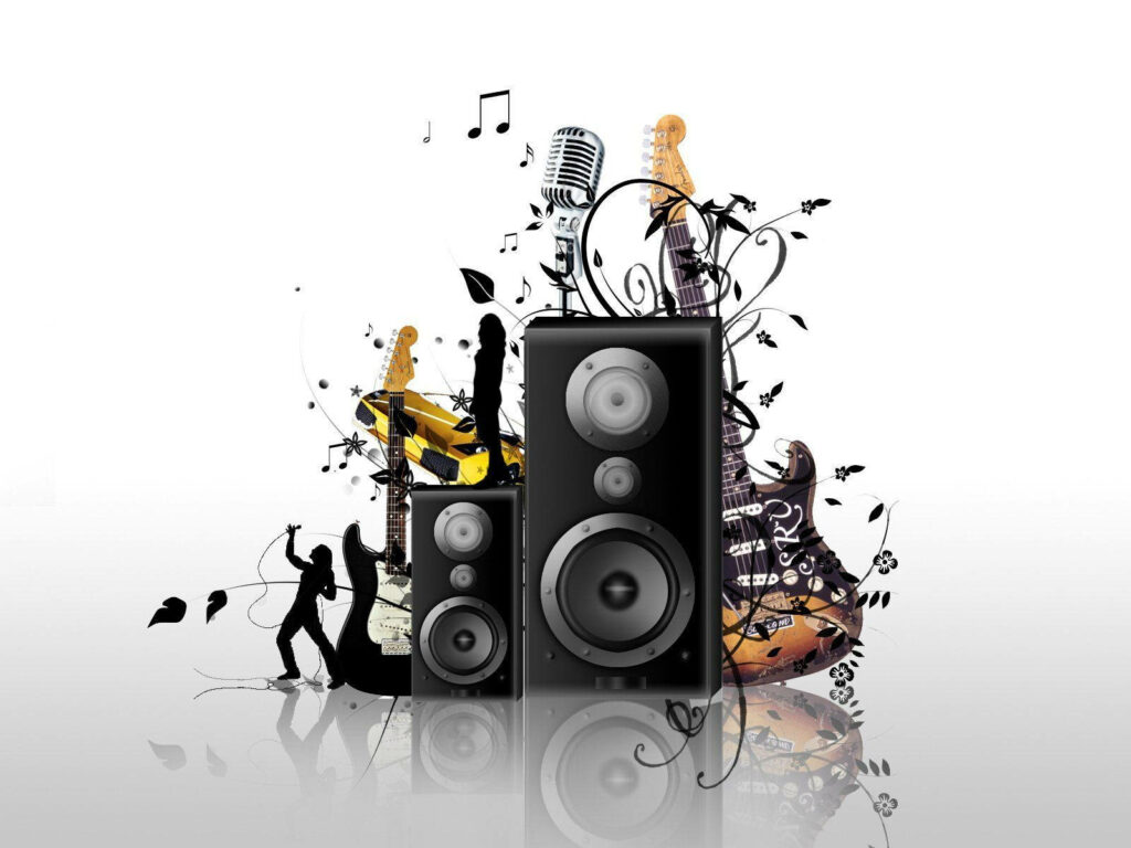 Harmonious Symphony: Captivating Music-themed Wallpaper with Black Speakers Enhancing the Beauty