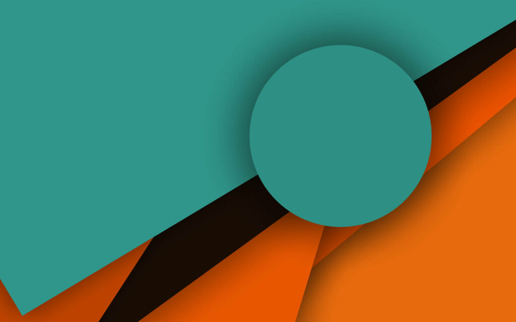 Harmonious Composition: Android Material Design Wallpaper with Teal Blue Circle Embraced by an Orange, Brown, and Teal Abstract Background