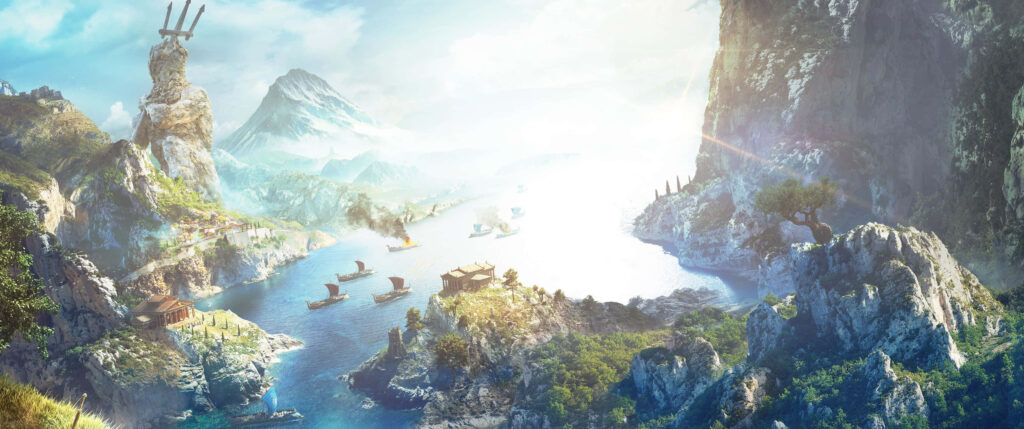 Assassin's Creed Odyssey: Epic Oceanic and Mountainous Scenery in Ultra-wide Gaming Wallpaper