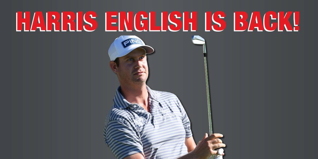 Harris English PGA Tour pro in white cap holding Ping club with bold red comeback text wallpaper
