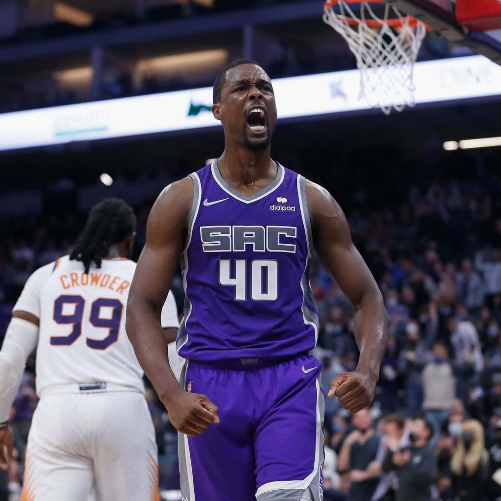 Harrison Barnes celebrates in purple Kings jersey number 40 with Jae Crowder in background Wallpaper