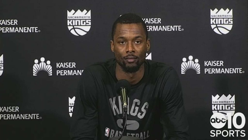 Harrison Barnes Sacramento Kings press conference black shirt Kaiser Permanente backdrop Wallpaper