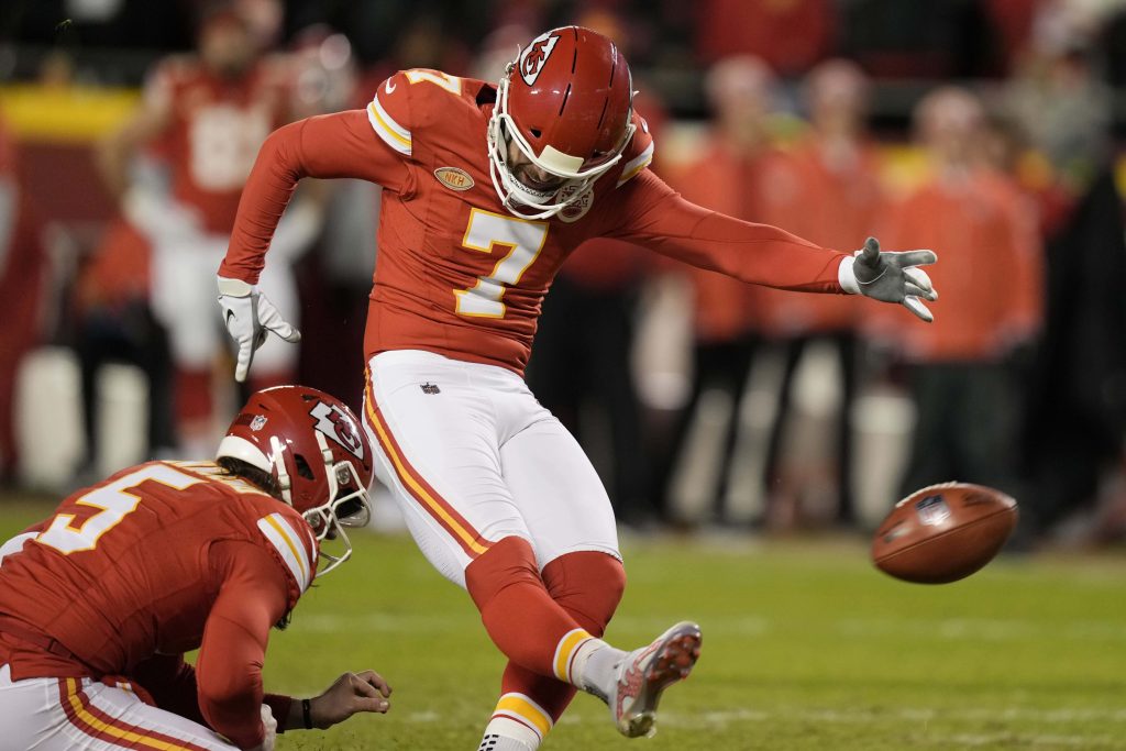 Harrison Butker Kansas City Chiefs kicking NFL field goal action wallpaper background