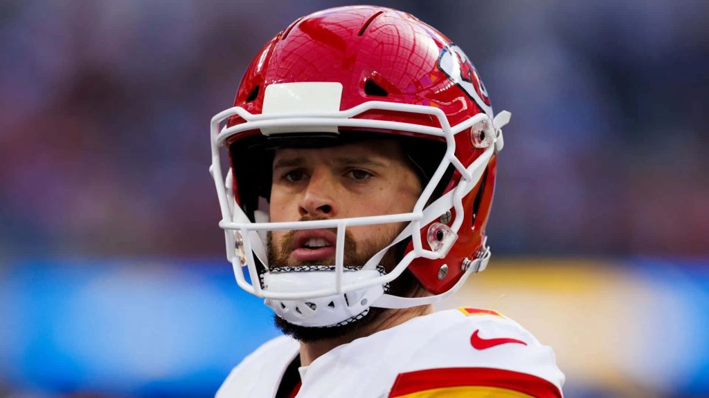 Kansas City Chiefs kicker Harrison Butker focused in red helmet and white jersey game-day wallpaper