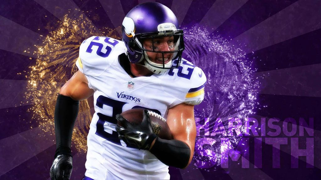 Harrison Smith #22 Minnesota Vikings wallpaper with purple radial background and gold splash