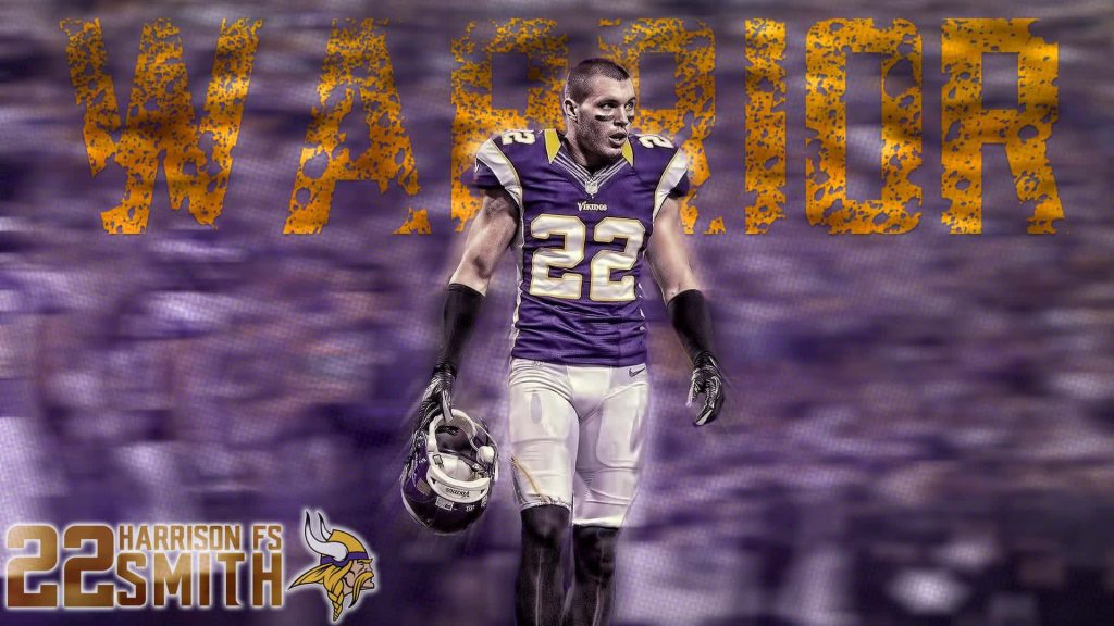 Harrison Smith Minnesota Vikings #22 wallpaper warrior pose with helmet blurred stadium background