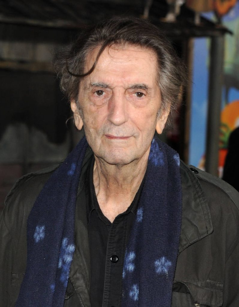 Front profile portrait of Harry Dean Stanton in dark jacket and blue scarf cinematic wallpaper