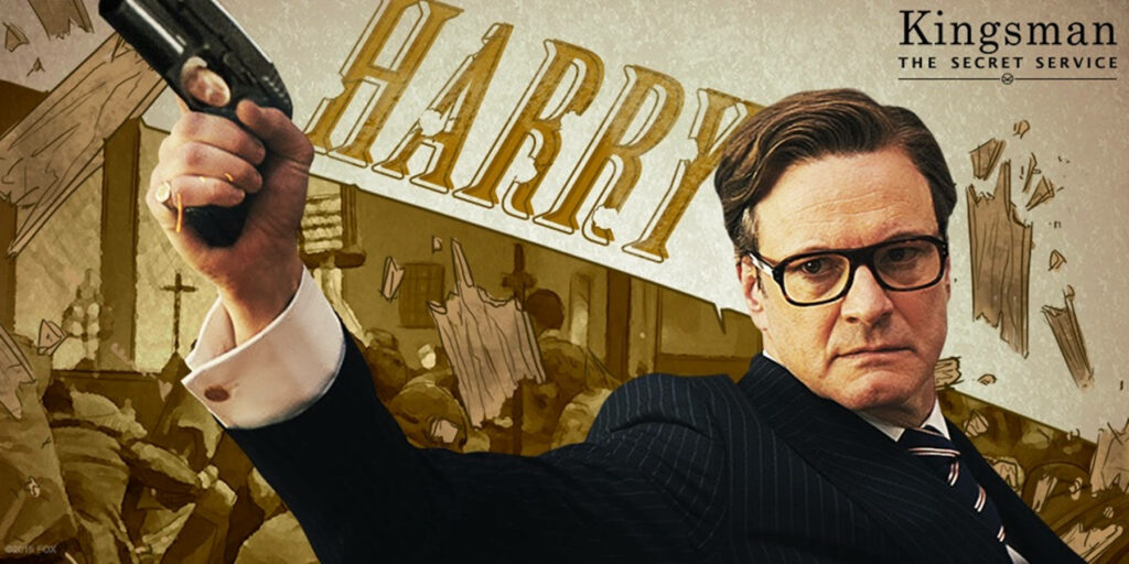 Harry Hart Kingsman wallpaper sharp suit confident pose gun action background stylish intense