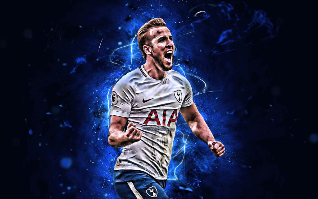 Dynamic Harry Kane Blue Background Wallpaper: Electrifying Football Art