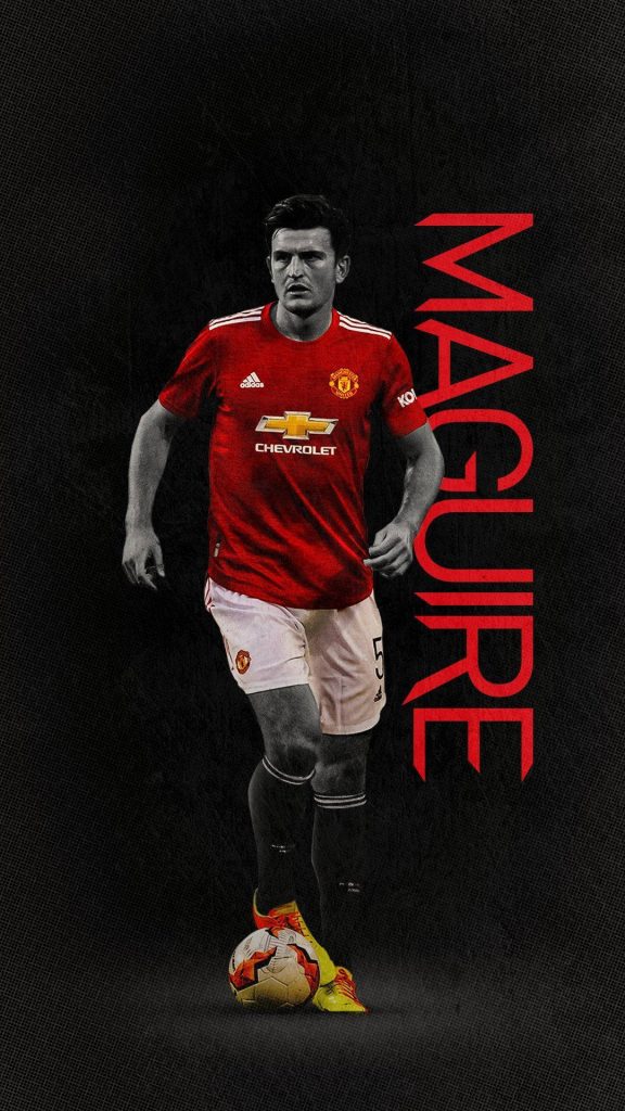 Harry Maguire Manchester United fan art red kit high contrast wallpaper with bold Maguire text