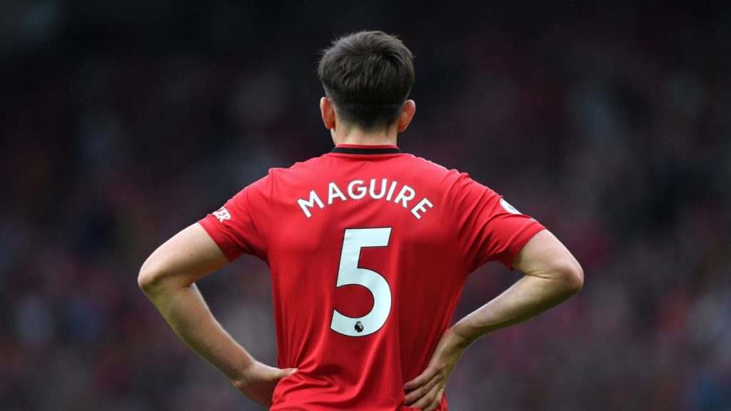 Harry Maguire Manchester United number 5 red kit back view football pitch wallpaper background