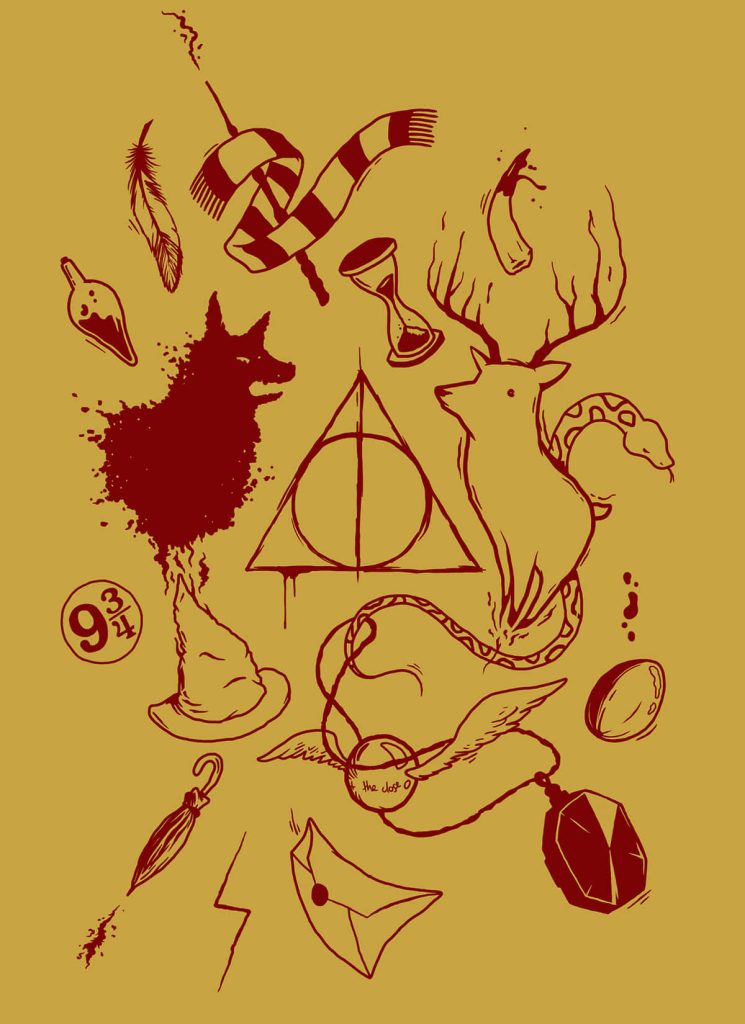 Harry Potter icon collage wallpaper with red line art of Deathly Hallows stag Patronus locket hat