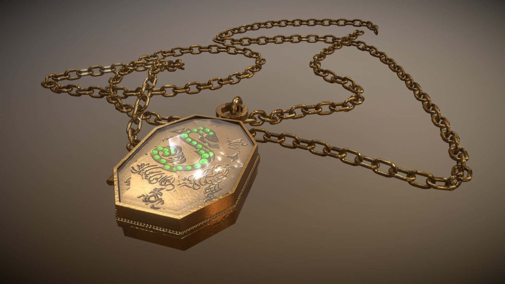 3D digital wallpaper of Salazar Slytherins locket Horcrux glowing green jewel on gold chain