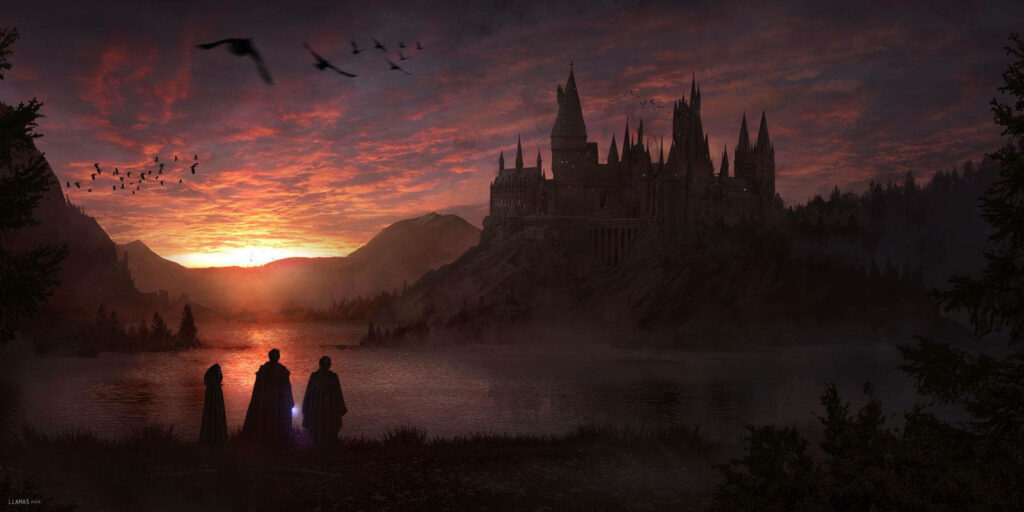 The Tranquil Majesty: Harry Potter's Golden Trio Embracing Hogwarts Amidst a Breathtaking Sunset and Serene Coastal and Mountain Vistas, Amidst the Soaring Sith Birds Wallpaper