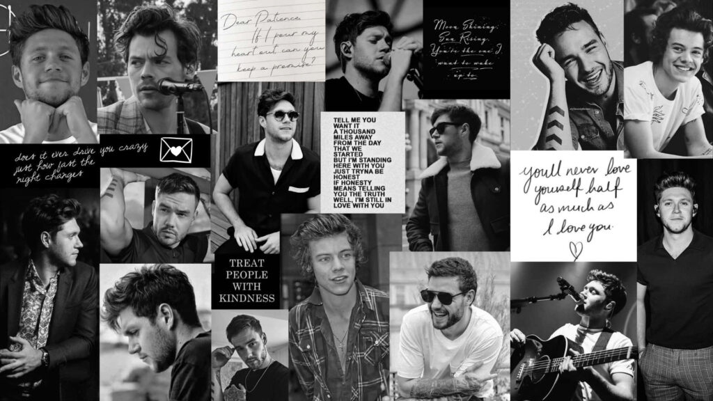 Stylish Black-and-White Harry Styles Collage Wallpaper with Guitar