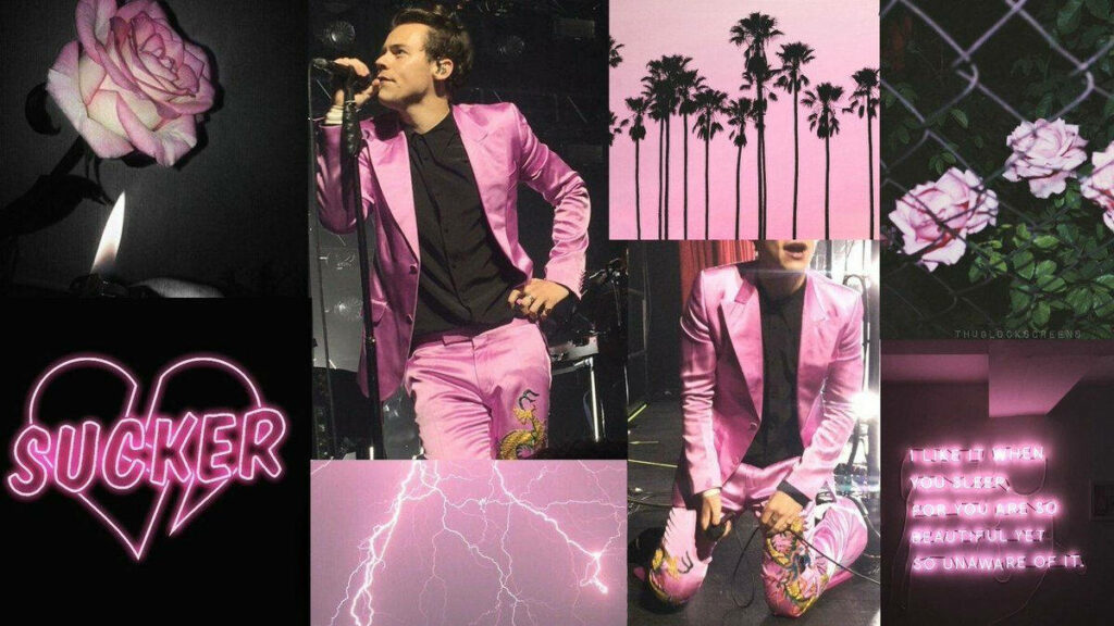 Pink Perfection: A Charming Harry Styles Collage in Aesthetic Style Wallpaper
