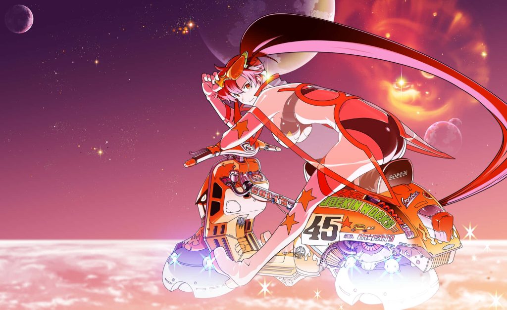 Haruko Haruhara riding yellow Vespa through glowing cosmic nebulas and distant planets wallpaper