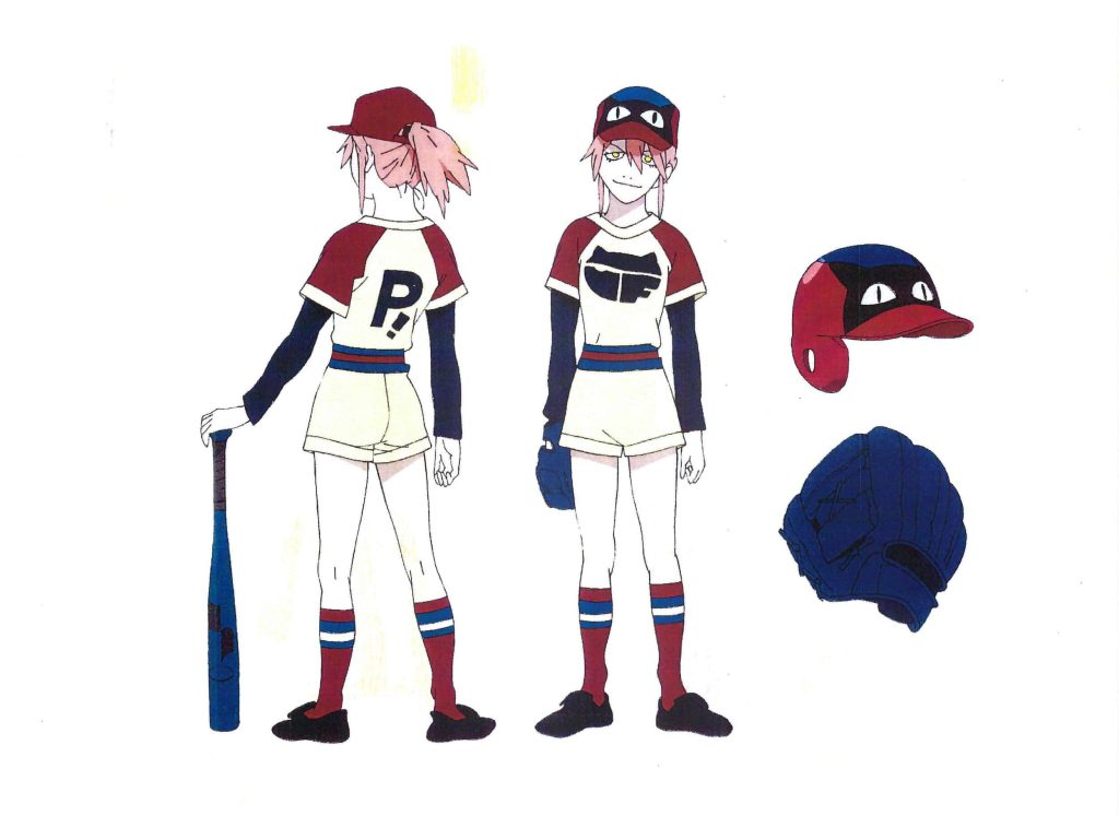FLCL Haruko Haruhara anime wallpaper vibrant baseball uniform cat-eye cap bat glove white background