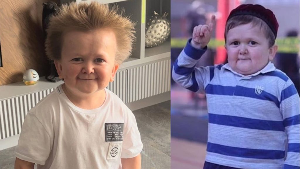 Split-screen wallpaper of Hasbulla Magomedov with spiky hair and iconic pointing pose high quality