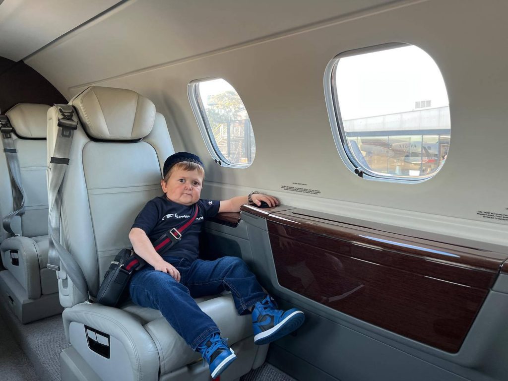 Hasbulla Magomedov in Champion shirt relaxing on private jet plush leather seats luxury wallpaper
