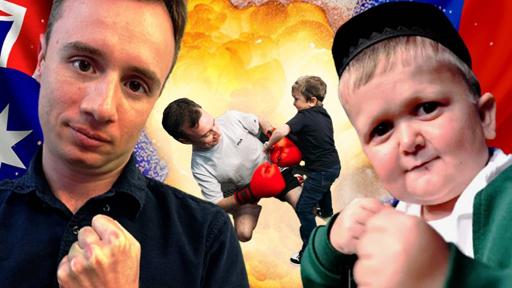 Vibrant digital collage of Hasbulla and Lachlan Mansell in fiery boxing fight wallpaper background