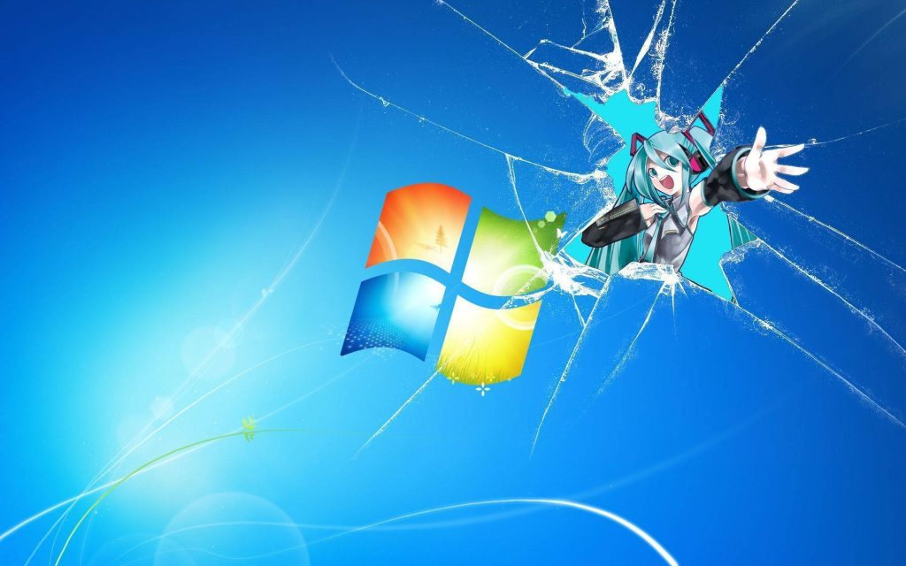 Hatsune Miku breaking through shattered screen Windows 7 wallpaper blue abstract background