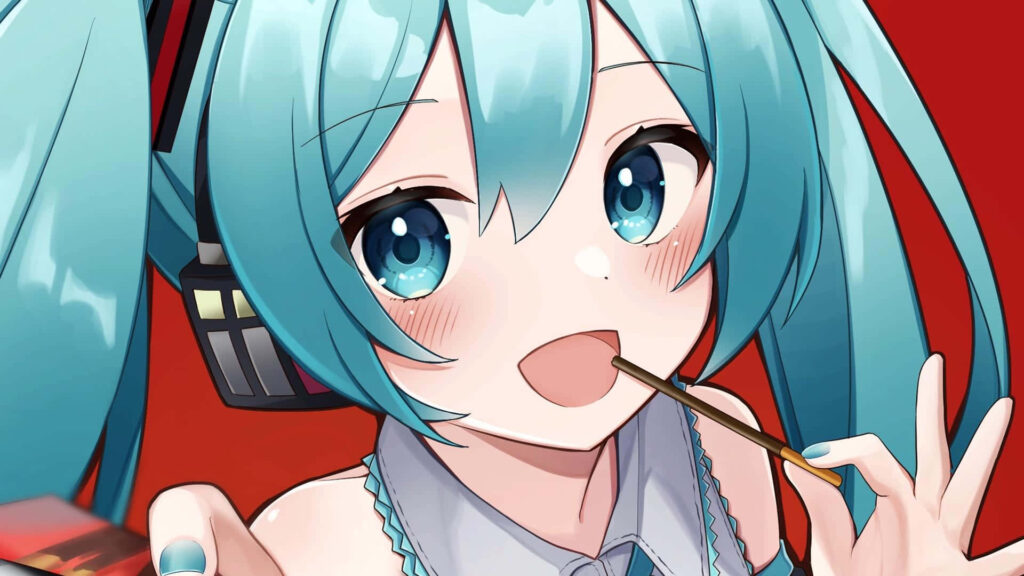 Hatsune Miku Enjoys Chocolate Snack: Vibrant Anime Wallpaper