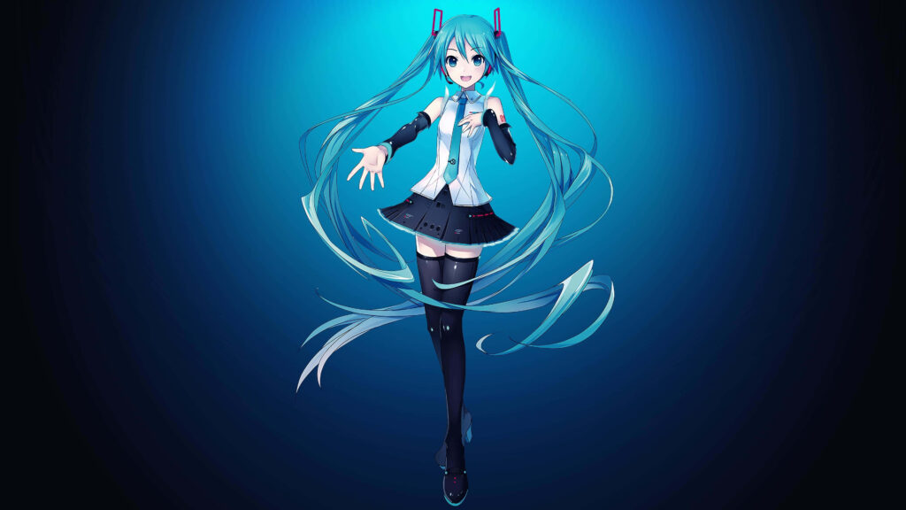 Hatsune Miku Wallpaper: Iconic Pop Star on Dark Blue Background