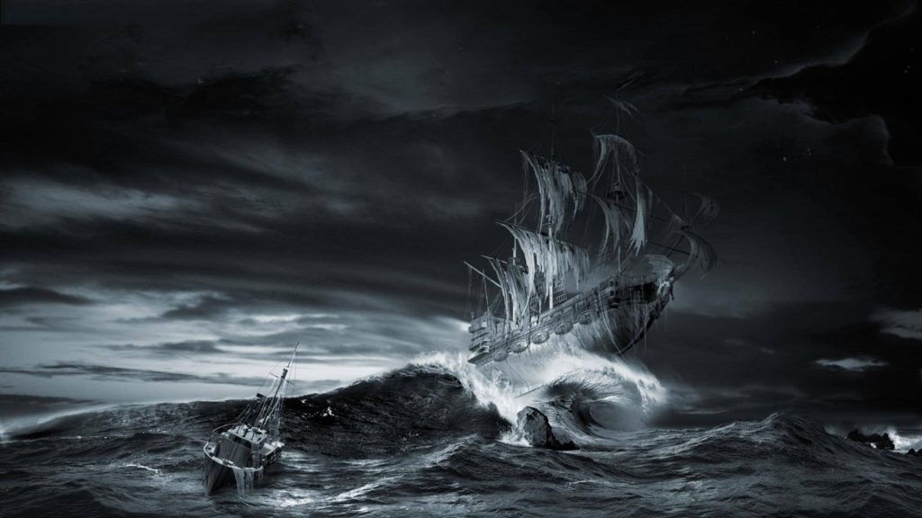 Haunting ghost ship rising from stormy wave over small boat dark turbulent sea wallpaper