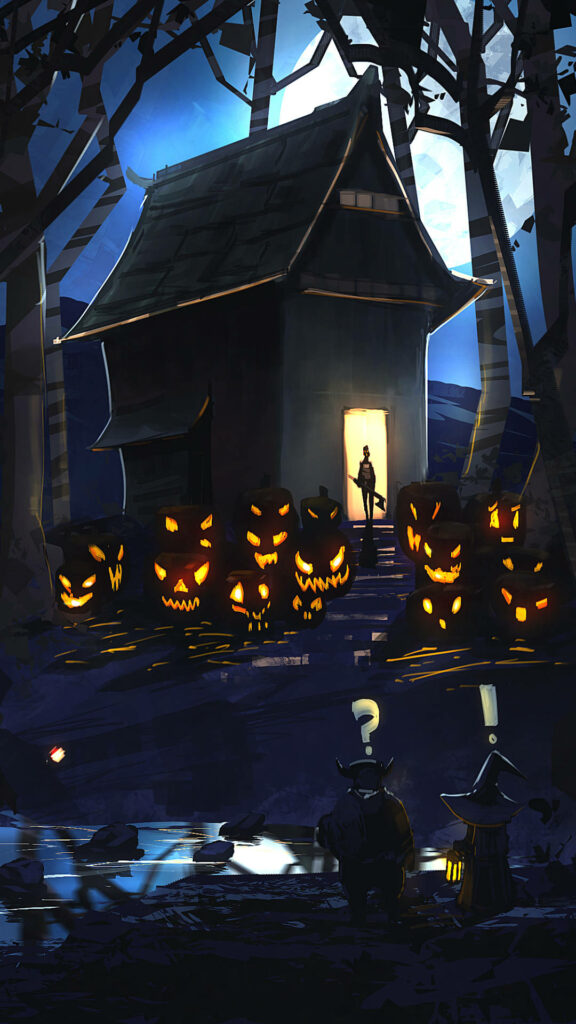 Spooky Sanctuary: A Halloween iPhone Wallpaper Enchanting with Eerie Haunted House amidst the Enchanted Forest, Guarded by Sinister Pumpkins
