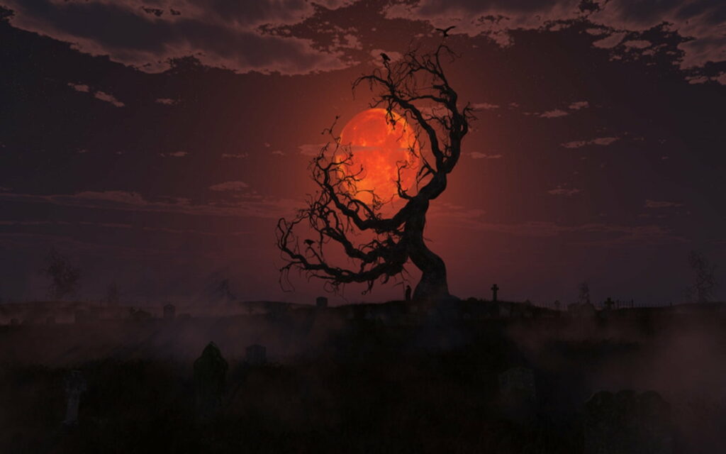 Mystical Shadows: A Sinister Halloween Night under the Blood Moon Wallpaper