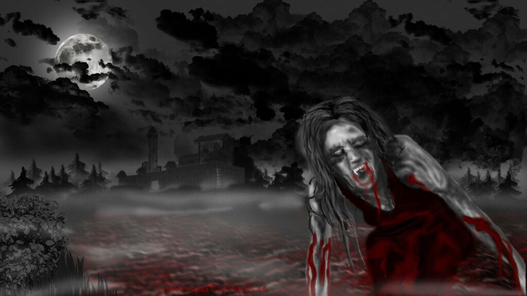 Chilling Night: A Hauntingly Beautiful Vampire in a Dark, Horror-themed HD Wallpaper