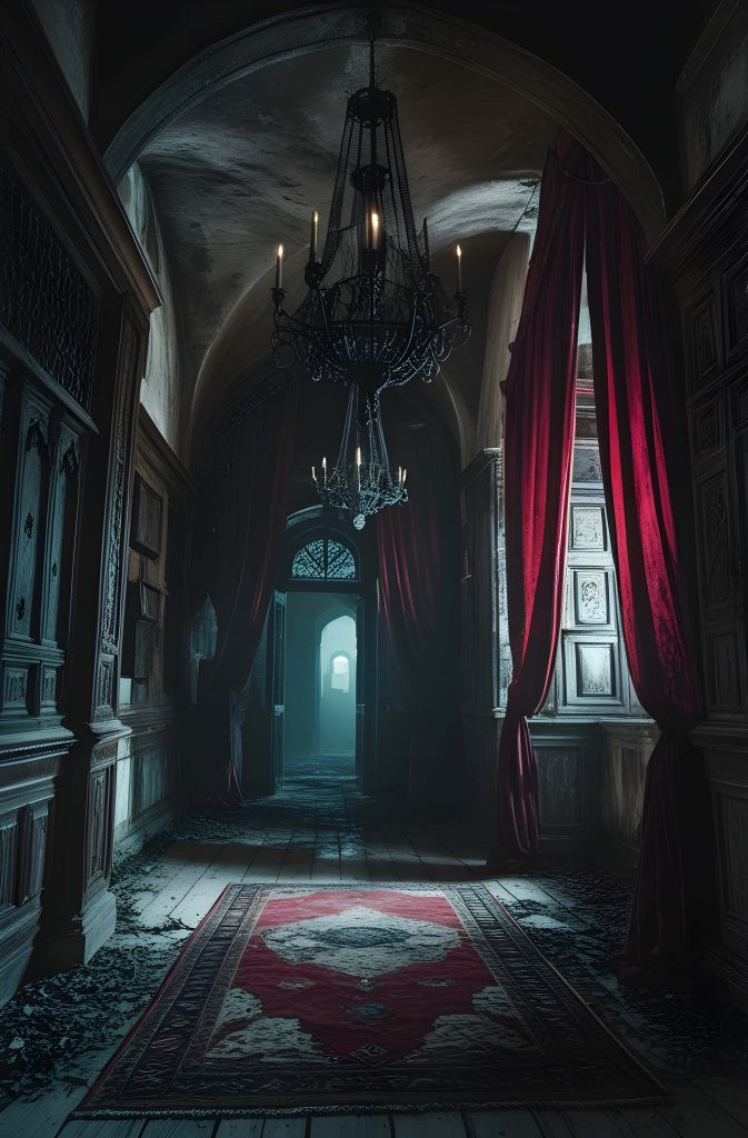 Haunted Victorian manor corridor with gothic chandelier red curtains and ornate rug wallpaper