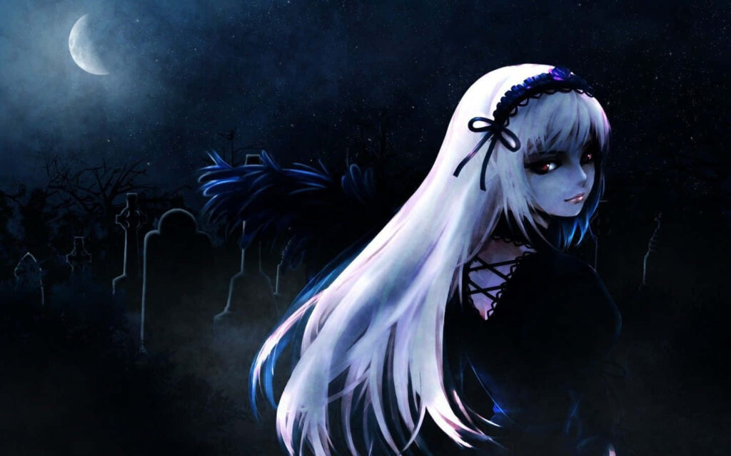 Haunting Anime Wallpaper: Pale Girl in Moonlit Graveyard