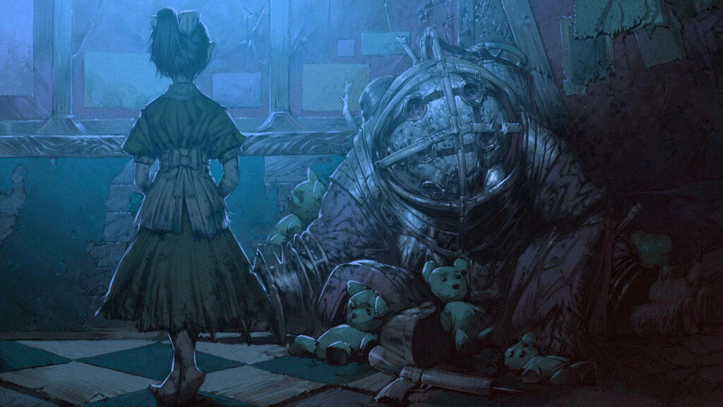 Atmospheric BioShock Wallpaper: Big Daddy & Teddy Bears in Shadow