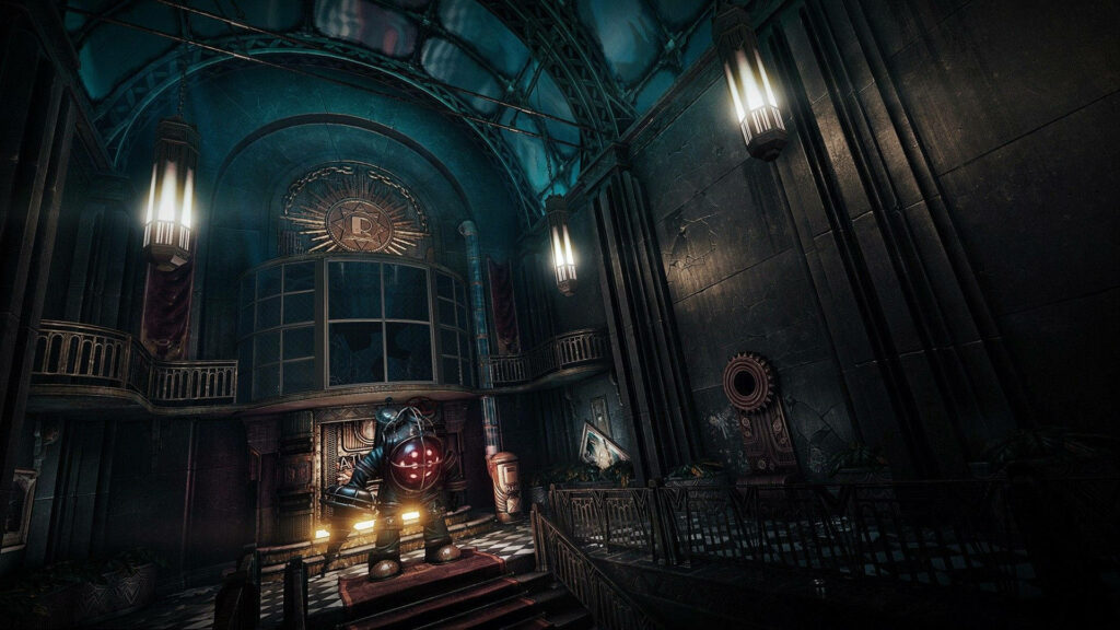 Atmospheric BioShock Wallpaper: Big Daddy in Rapture's Eerie Beauty
