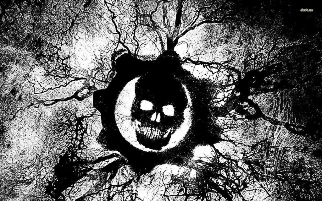Haunting Black and White Skull Wallpaper with Intricate Patterns