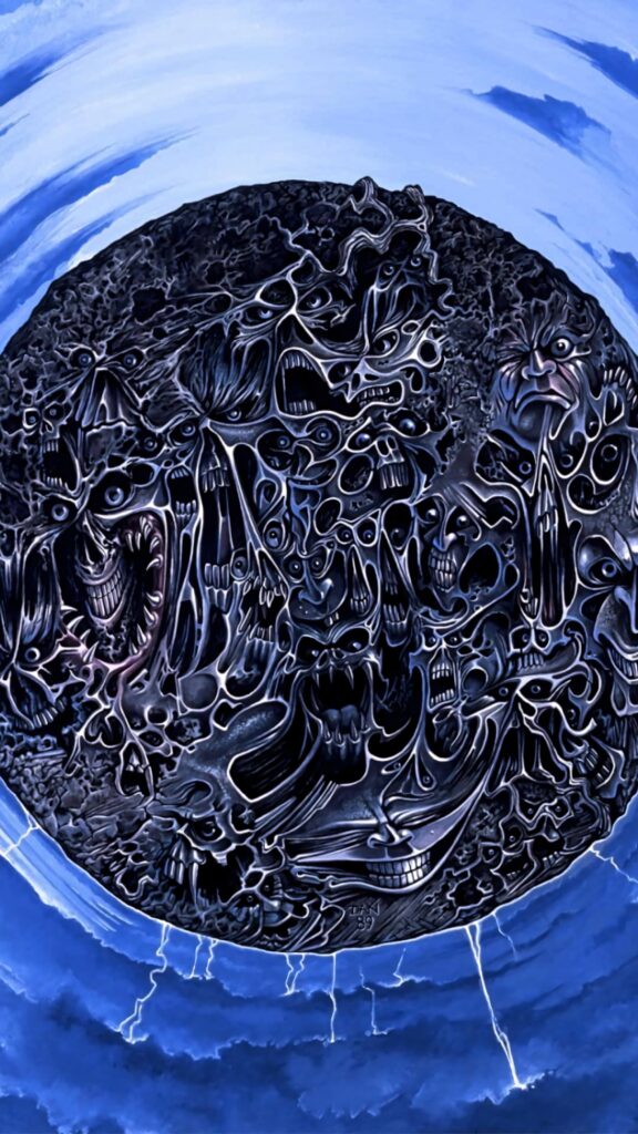 Haunting blue circle wallpaper with intricate morbid patterns distorted faces dark surreal textures