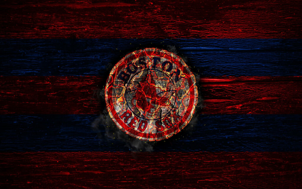 Dark eerie Boston Red Sox logo on textured wood background with deep red and blue tones wallpaper