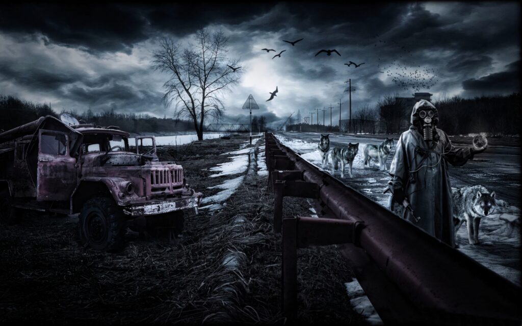 Chernobyl wallpaper dark landscape decaying truck gas mask figure wolves stormy sky eerie scene