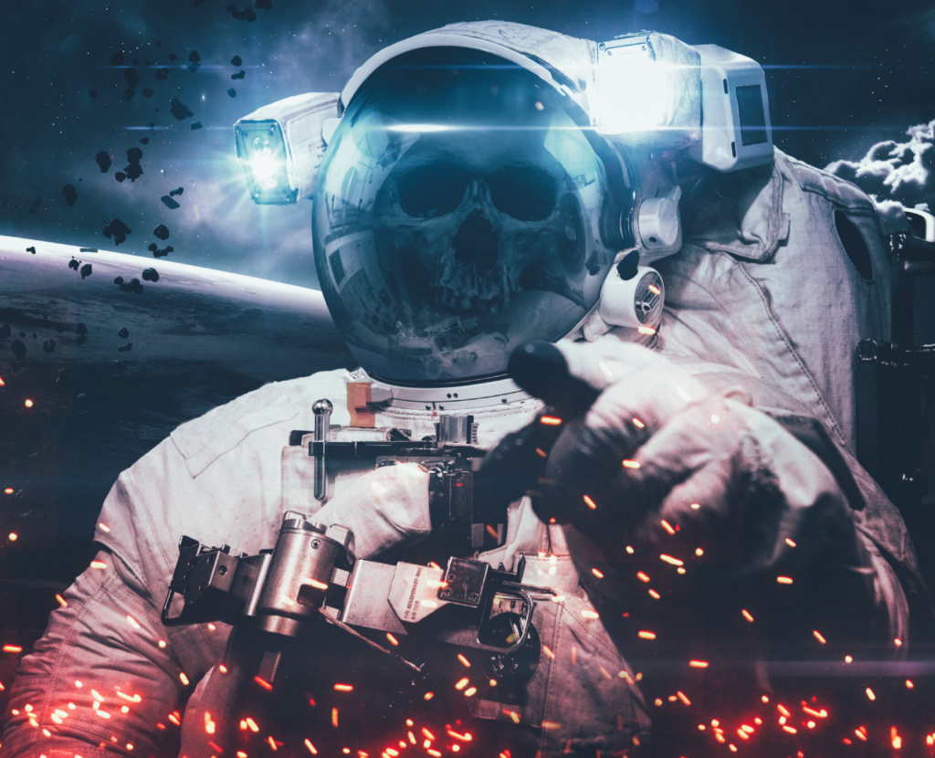 Cosmonaut Wallpaper: Eerie Space Suit with Skull & Cosmic Lights