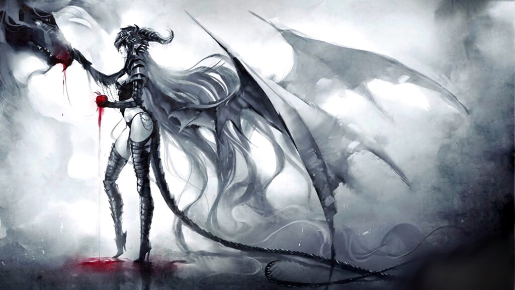 Dark angel in spiked armor with bloodied claws and extended wings amid swirling mist wallpaper