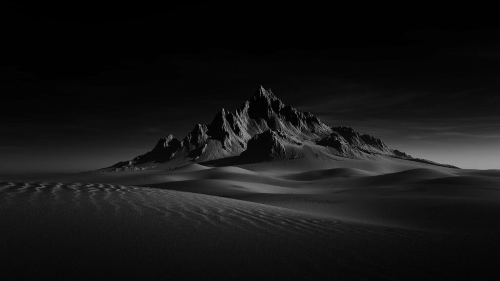 Haunting Dark Desert Landscape Wallpaper: Sand Dunes & Shadowy Mountains