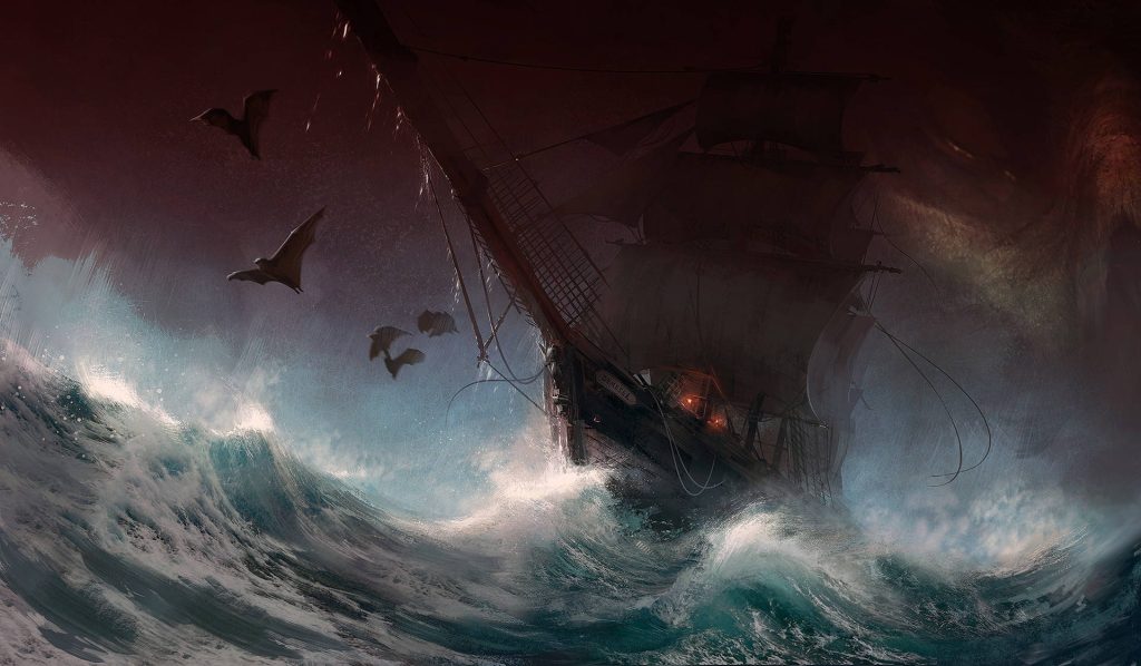 Ghostly Demeter ship in stormy ocean with bats and ominous gothic horror dark fantasy scene Wallpaper