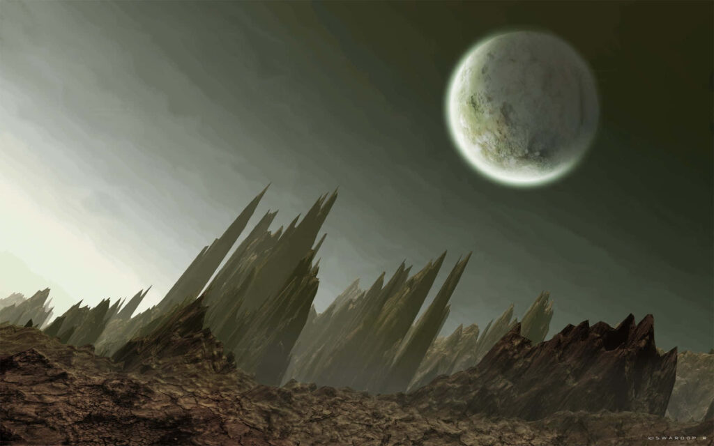 Haunting Desolate Planet Wallpaper: Jagged Rocks & Mysterious Skies