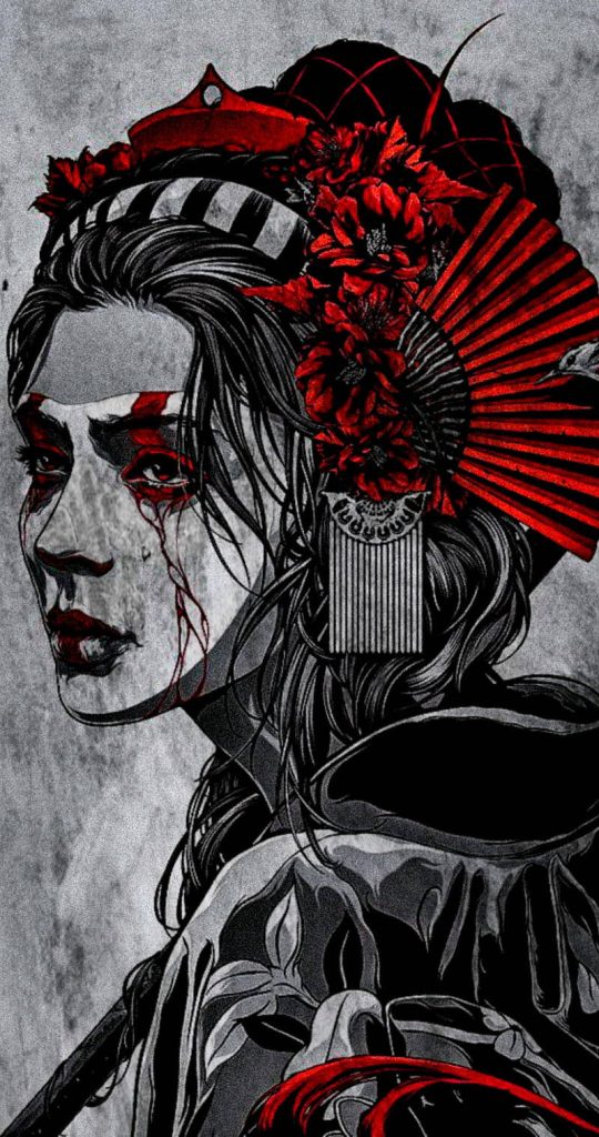 Haunting geisha portrait with blood-red tears floral hair accessories and vibrant folding fan Wallpaper
