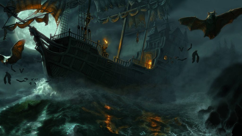 Ghost ship with torchbearer sails dark waters under full moon bats swarm eerie gothic scene Wallpaper